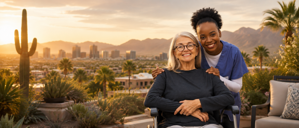 patient-hands-home-care_arizona-welcome_J4D smiling senior woman and her home care worker with an Arizona desert sunset background