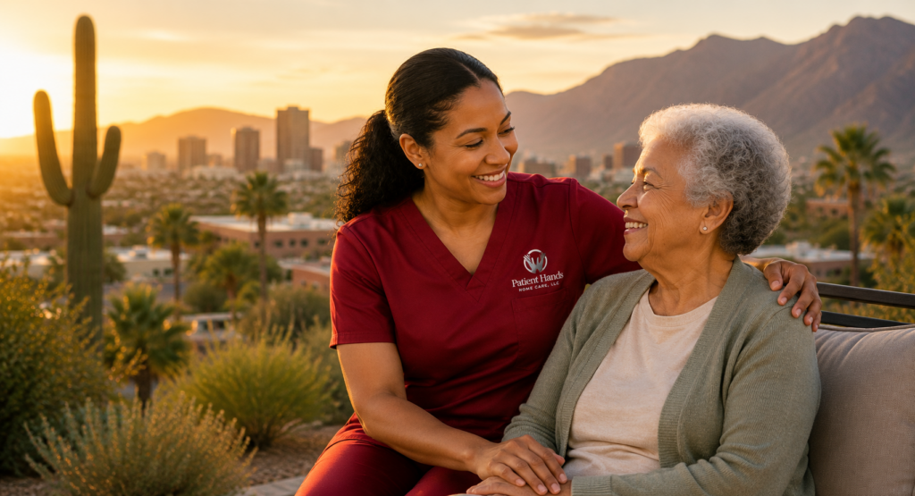 Patient Hands Arizona Home Care Providers A smiling home care professional standing next to a seated senior woman who is looking pleasant and peaceful.